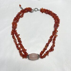 Red Carnelian Stone Necklace Pink Quartz Multi Strand Boho Hippie
